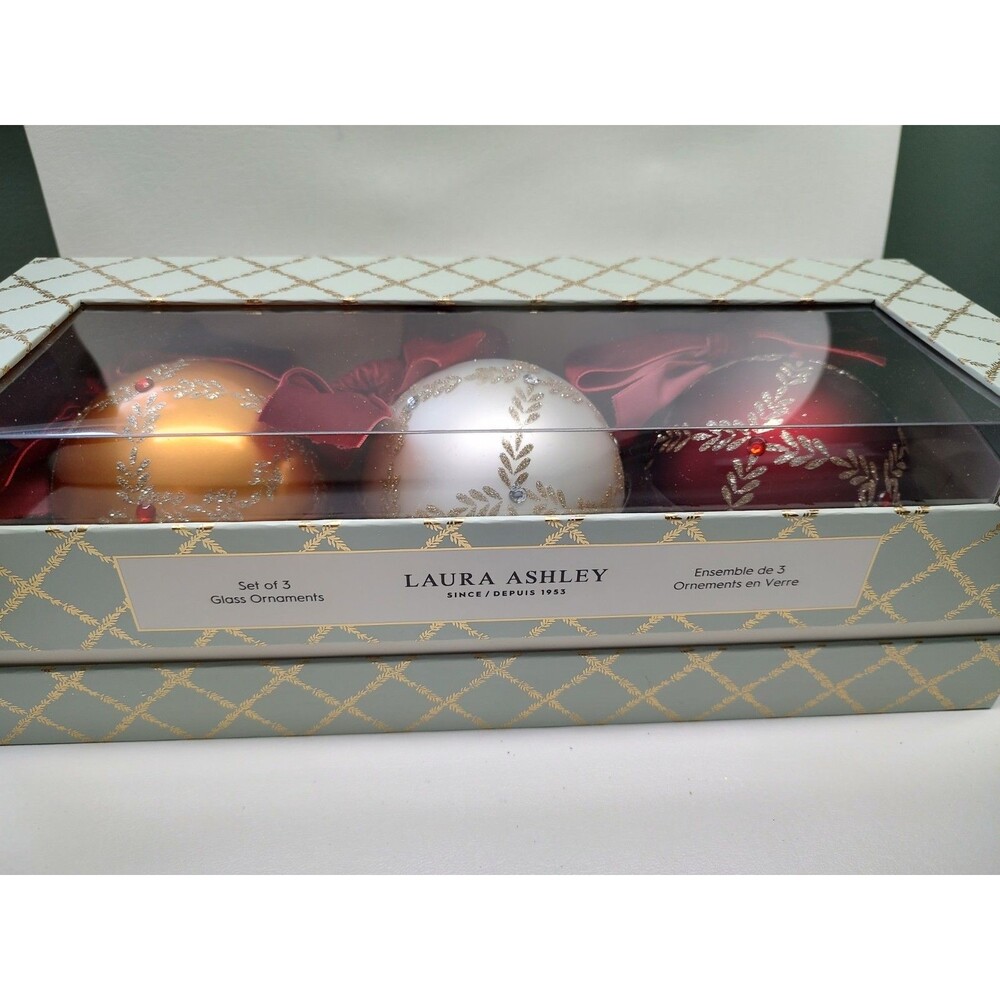 Set of 3 Laura Ashley Glass Christmas Tree 4"  Bulbs Ornaments